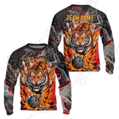Custom Bowling Team Jersey, Tiger Gripping A Bowling Ball, Bowling Uniforms, Personalize Name And Team Name