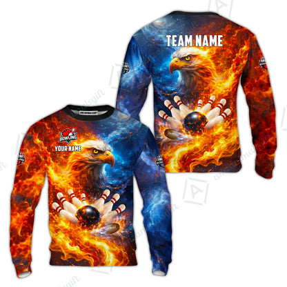 Custom Bald Eagle and Fire Bowling Jersey Polo Shirt, Custom Bald Eagle and Fire Bowling Jersey Team Shirt For Players With Name & Team Name