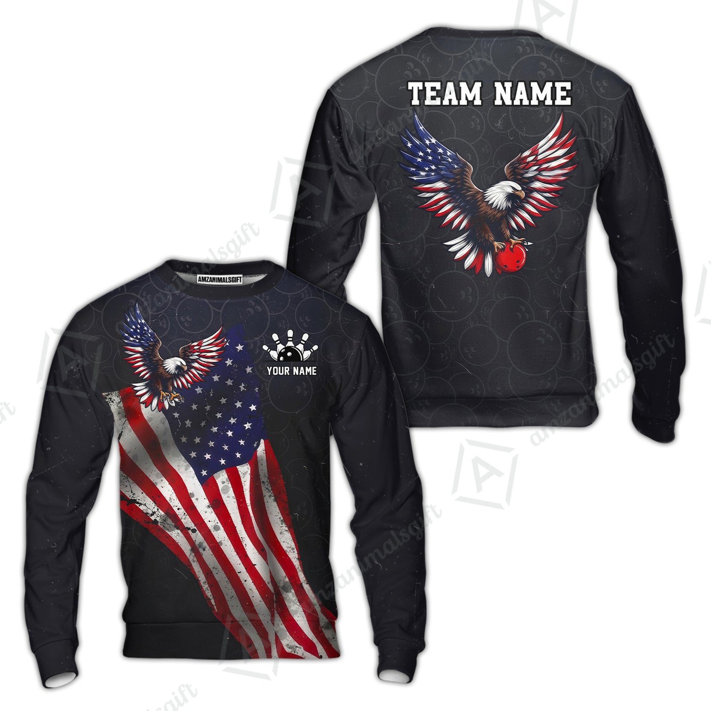Custom Bowling Jersey Polo Shirt, USA Flag Draped Bald Eagle Strike, Custom Bowling Jersey Team Shirt For Players With Name & Team Name