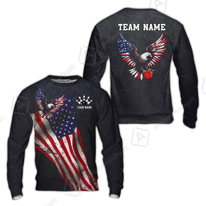 Custom Bowling Jersey Polo Shirt, USA Flag Draped Bald Eagle Strike, Custom Bowling Jersey Team Shirt For Players With Name & Team Name