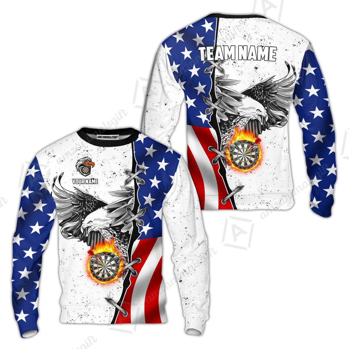 Customized Darts Team Uniform Shirt Darts US Flag White Eagle Flame Pin Dust Pattern, Personalized Name And Team Name