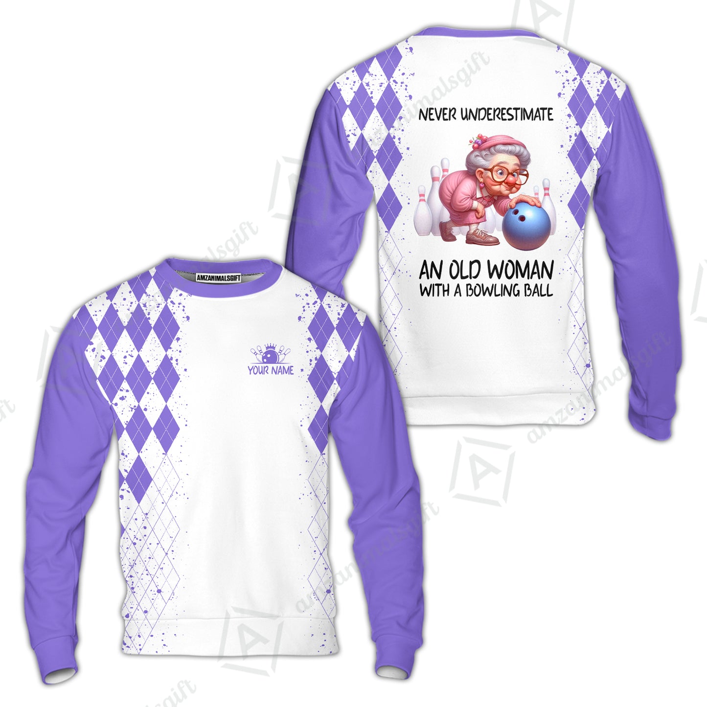 Custom Bowling Jersey Polo Shirt, Never Underestimate An Old Woman With A Bowling Ball, Personalized Name & Team Name