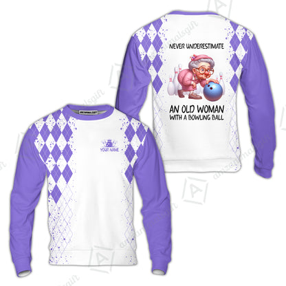 Custom Bowling Jersey Polo Shirt, Never Underestimate An Old Woman With A Bowling Ball, Personalized Name & Team Name