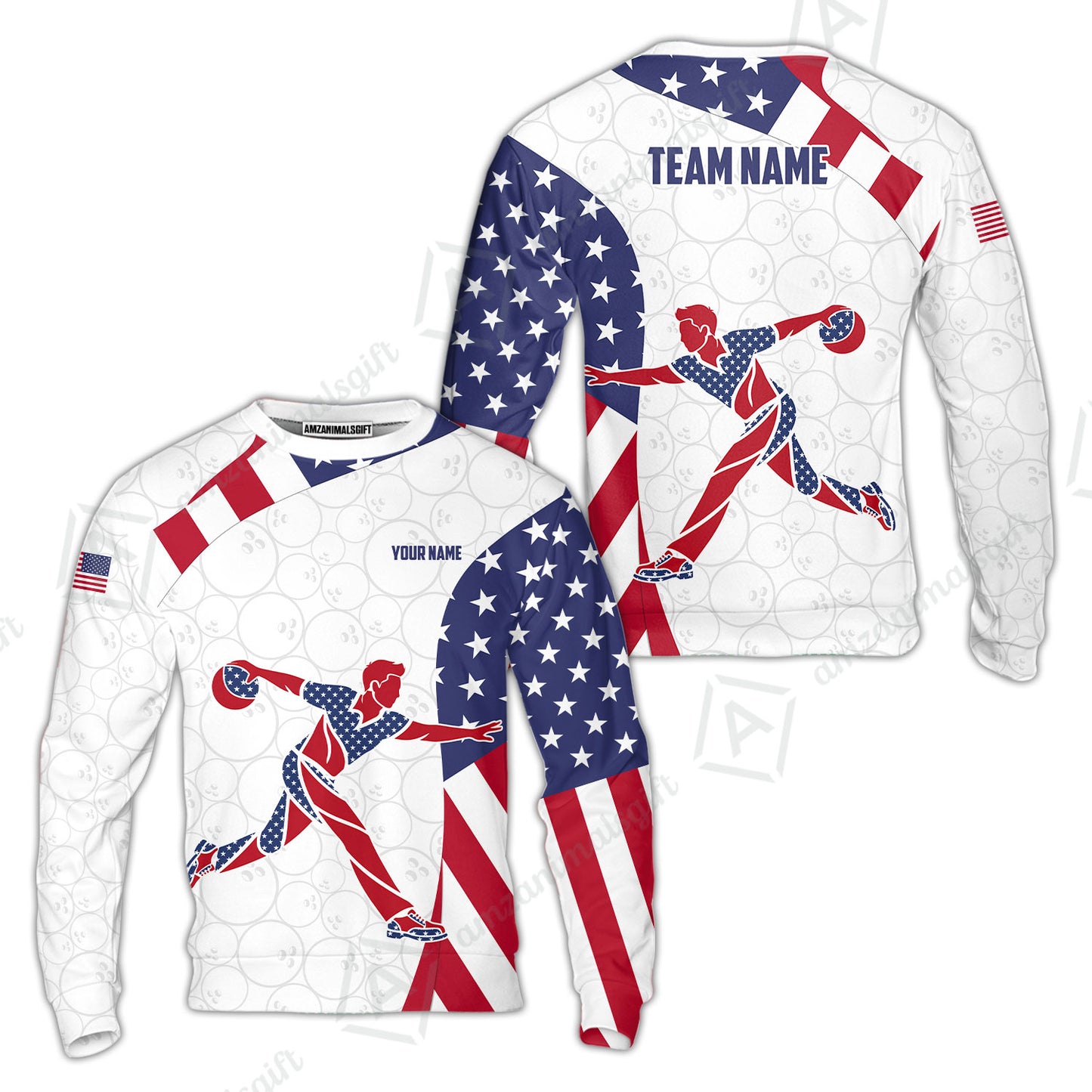 Custom Bowling Jersey Polo Shirt, Patriotic Bowler Silhouette Stars and Stripes, Custom Bowling Jersey Team Shirt For Players With Name and Team Name