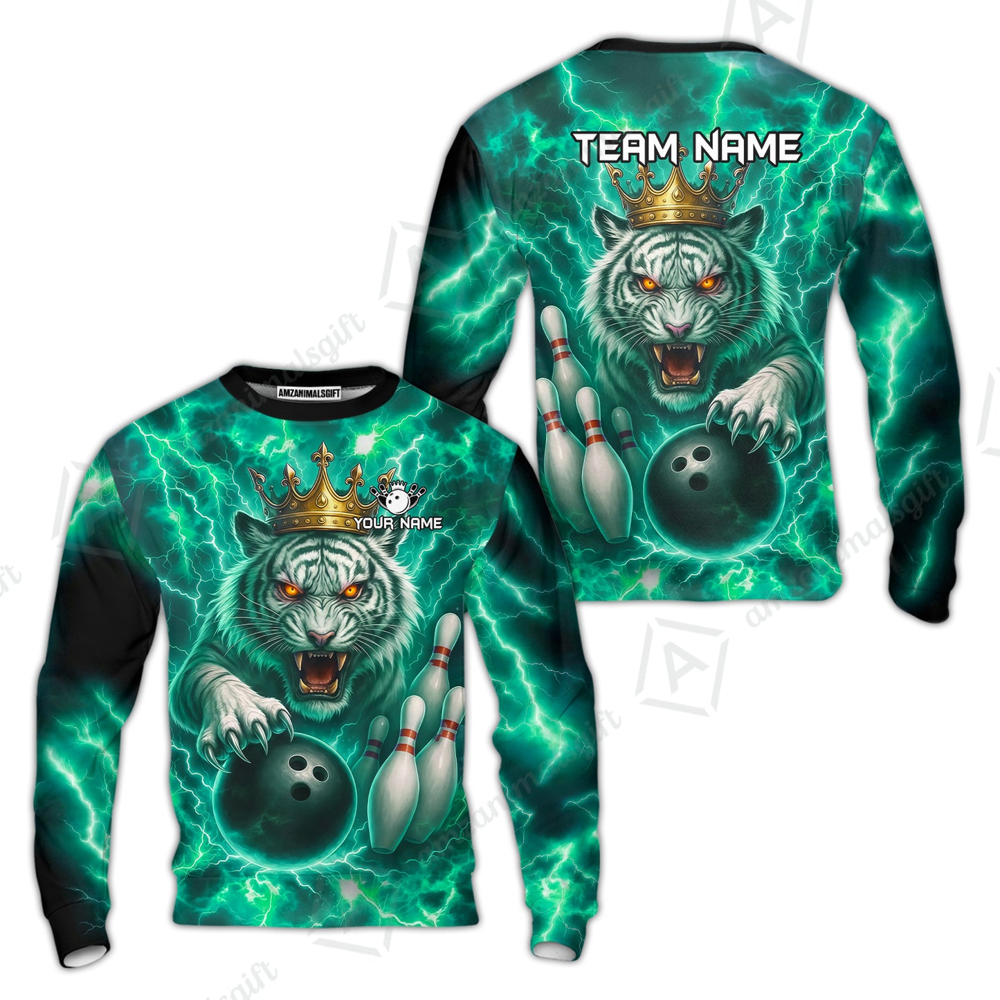 Custom Bowling Team Quarter-Zip Polo Shirt, Bowling White Tiger Lighting Shirt, Personalized Team Shirt with Custom Name