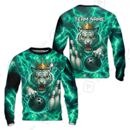 Custom Bowling Team Quarter-Zip Polo Shirt, Bowling White Tiger Lighting Shirt, Personalized Team Shirt with Custom Name