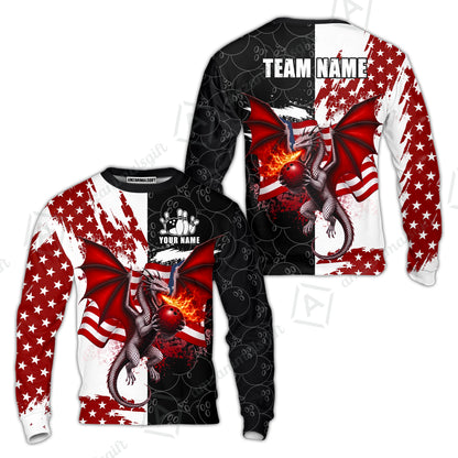 Custom Bowling Jersey Polo Shirt, Patriotic Fire Dragon Split Contrast, Custom Bowling Jersey Team Shirt For Players With Name and Team Name