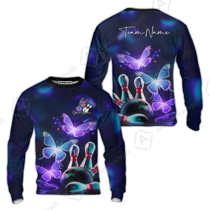 Custom Bowling Jersey Polo Shirt, Neon Butterfly Bowling, Custom Bowling Jersey Team Shirt For Players With Name & Team Name