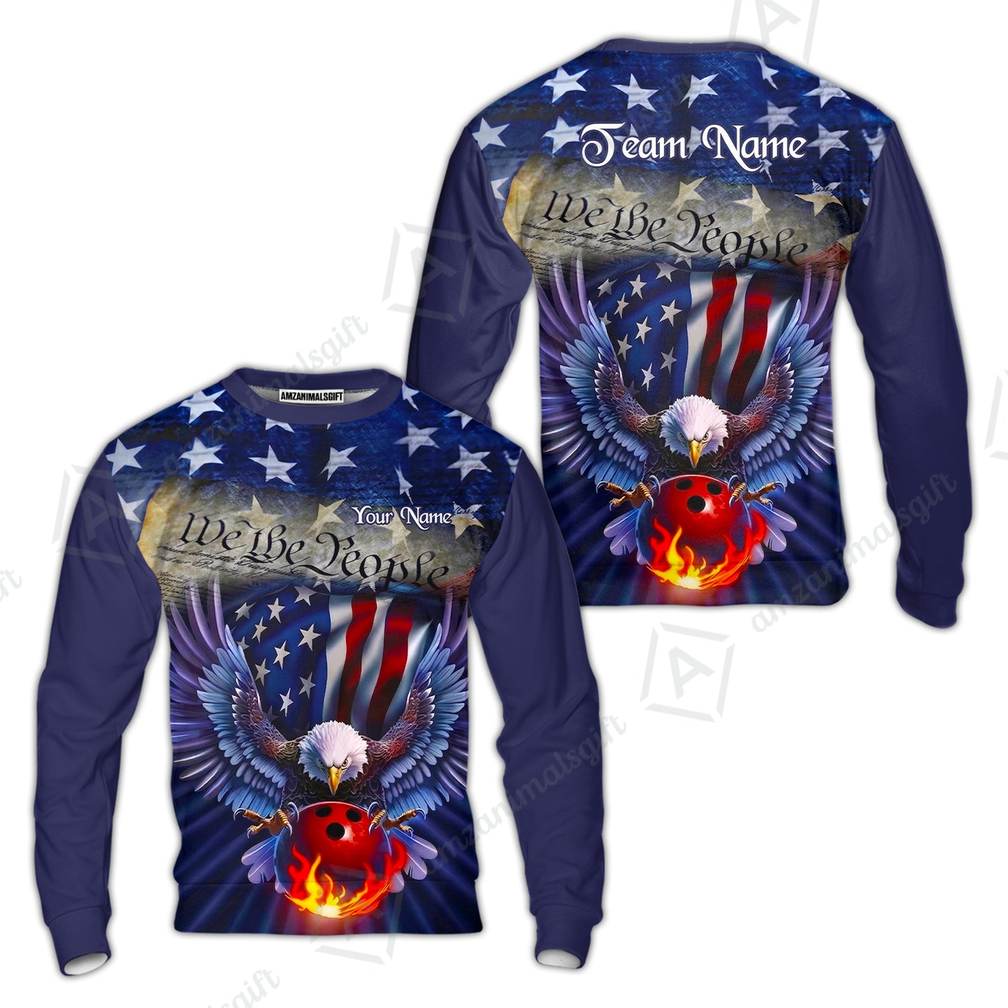 Custom Bowling Jersey Polo Shirt, Flaming Bowling Ball Eagle Custom Bowling Jersey Team Shirt For Players With Name & Team Name
