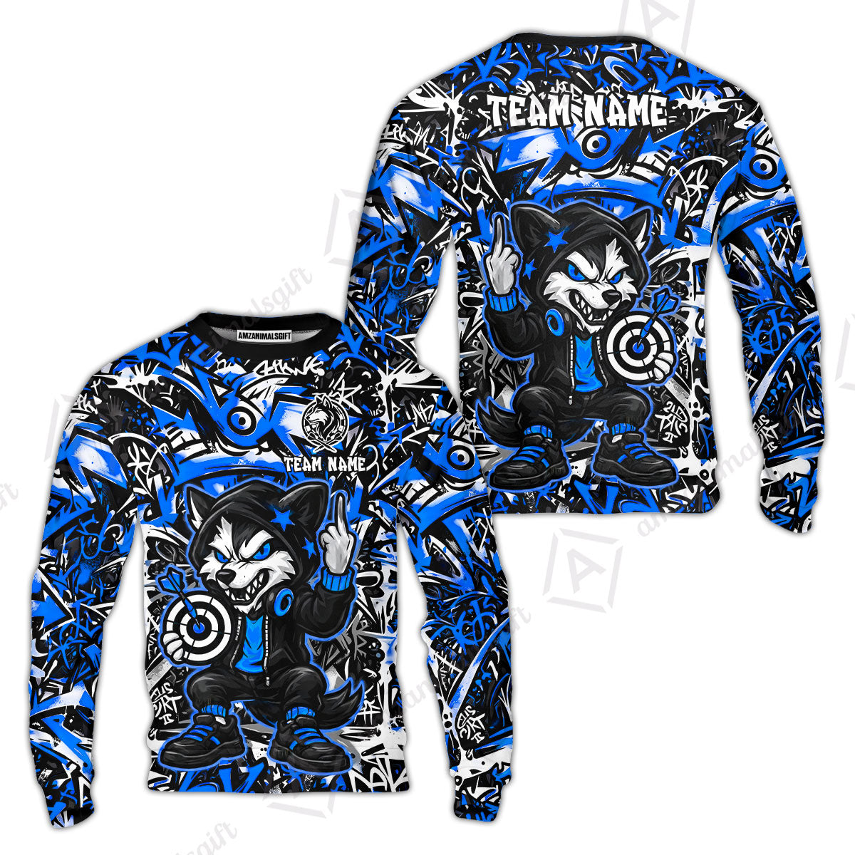 Customized Darts Team Uniform Shirt, Cool Cartoon Wolf With Dartboard, Personalized Name And Team Name