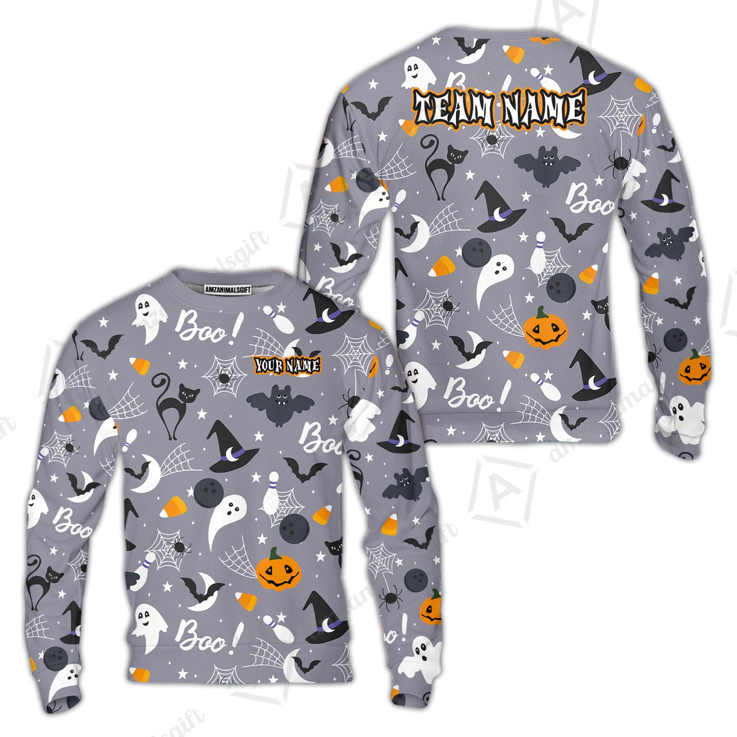 Customized Bowling Shirt, Halloween Pattern Bowling And Pin Boo Cat Ghost Bat Pumpkin, Personalized Polo Shirt For Players With Name & Team Name
