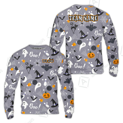 Customized Bowling Shirt, Halloween Pattern Bowling And Pin Boo Cat Ghost Bat Pumpkin, Personalized Polo Shirt For Players With Name & Team Name