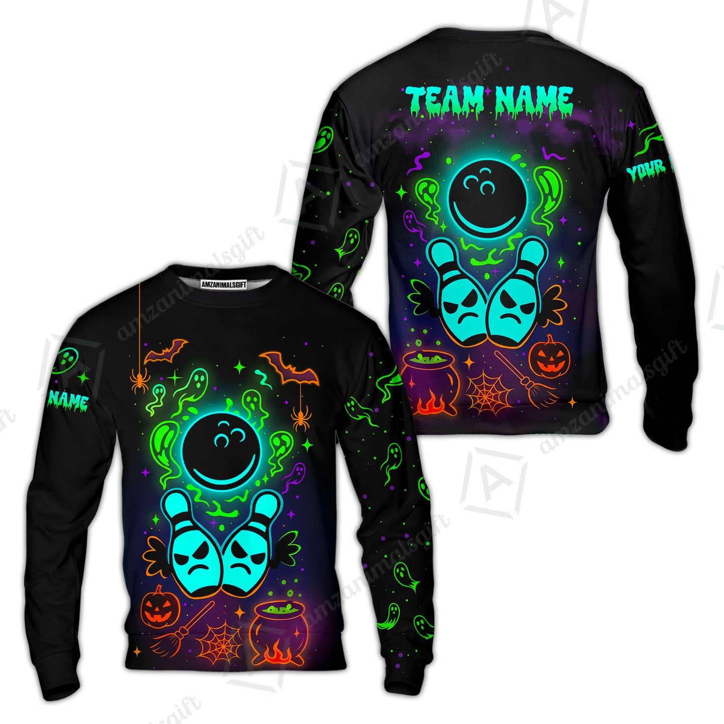 Customized Bowling Shirt, Halloween Neon Bowling, Personalized Polo Shirt For Players With Name & Team Name