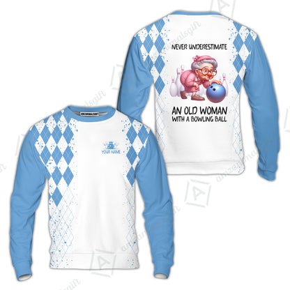 Custom Bowling Jersey Polo Shirt, Never Underestimate An Old Woman With A Bowling Ball, Personalized Name & Team Name