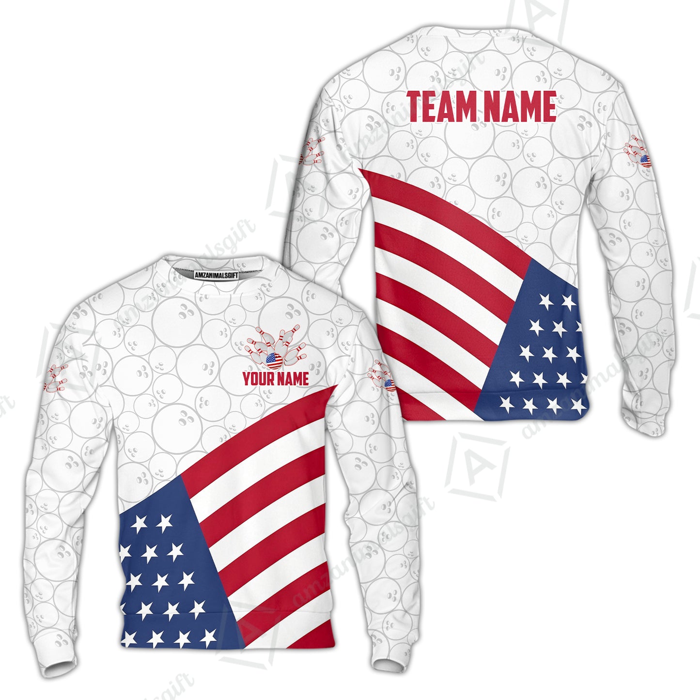 Custom Bowling Jersey Polo Shirt, Classic US Flag Diagonal Stars and Stripes, Custom Bowling Jersey Team Shirt For Players With Name and Team Name