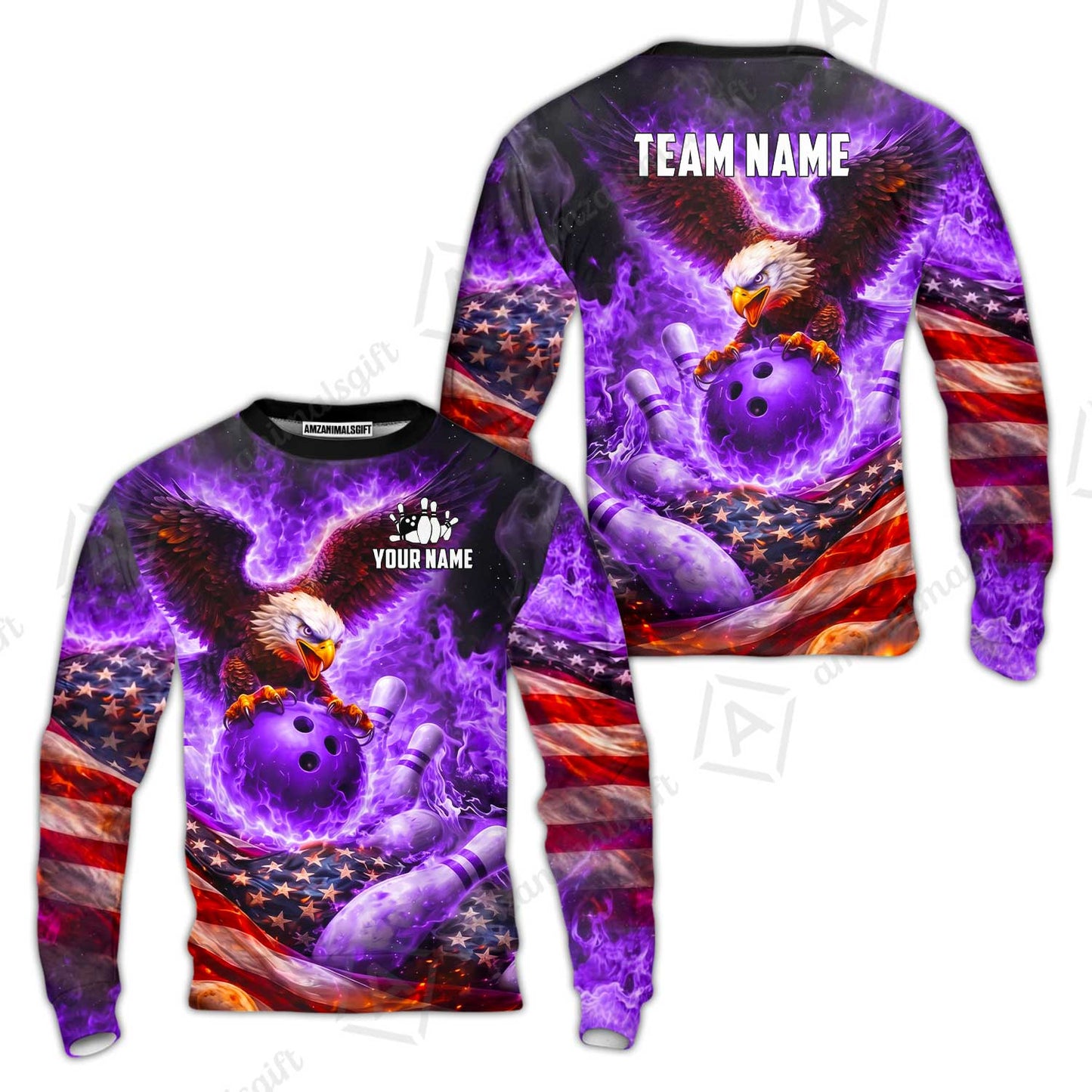Custom Bowling Jersey Polo Shirt, Patriotic Blue Fire Eagle, Custom Bowling Jersey Team Shirt For Players With Name and Team Name