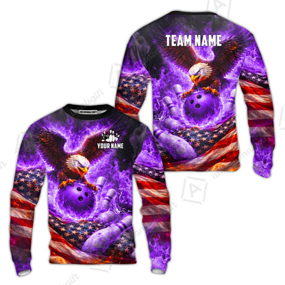 Custom Bowling Jersey Polo Shirt, Patriotic Blue Fire Eagle, Custom Bowling Jersey Team Shirt For Players With Name and Team Name
