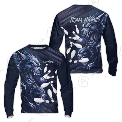 Custom Bowling Jersey Polo Shirt, Wolf Biting Bowling Pin Custom Bowling Jersey Team Shirt For Players With Name & Team Name