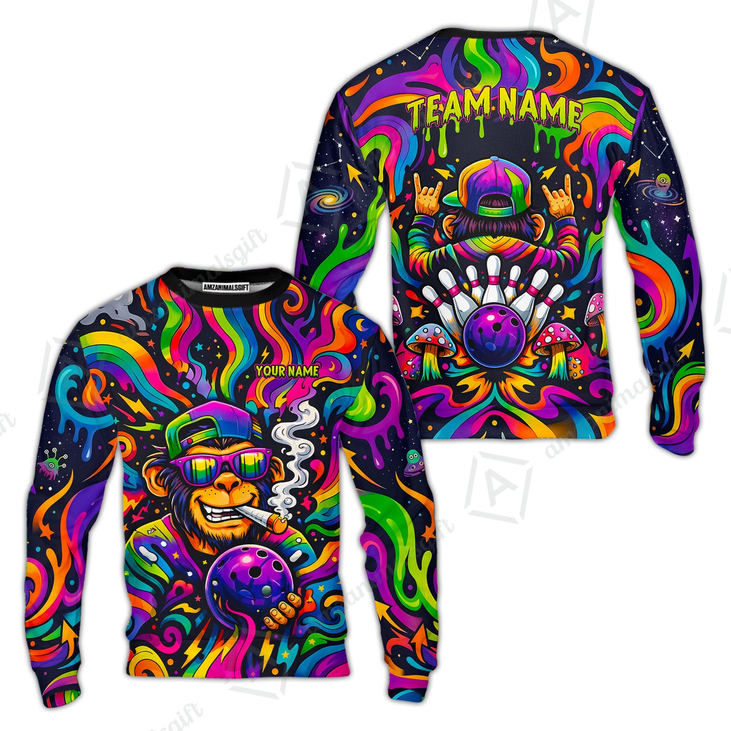 Custom Bowling Jersey Polo Shirt, Psychedelic Trippy Smoking Chimp, Custom Bowling Jersey Team Shirt For Players With Name and Team Name