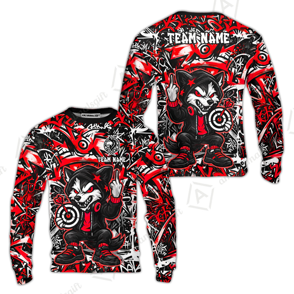 Customized Darts Team Uniform Shirt, Cool Cartoon Wolf With Dartboard, Personalized Name And Team Name