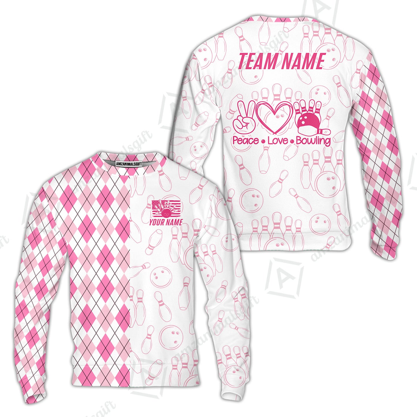 Custom Women Polo Shirt, Argyle Bowling Peace Love, Custom Bowling Women Polo Team Shirt For Players With Name & Team Name