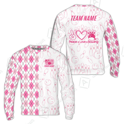 Custom Women Polo Shirt, Argyle Bowling Peace Love, Custom Bowling Women Polo Team Shirt For Players With Name & Team Name