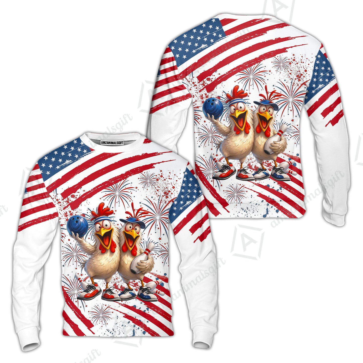 Custom Bowling Jersey Polo Shirt, Funny Patriotic USA Chicken Fireworks, Custom Bowling Jersey Team Shirt For Players With Name & Team Name