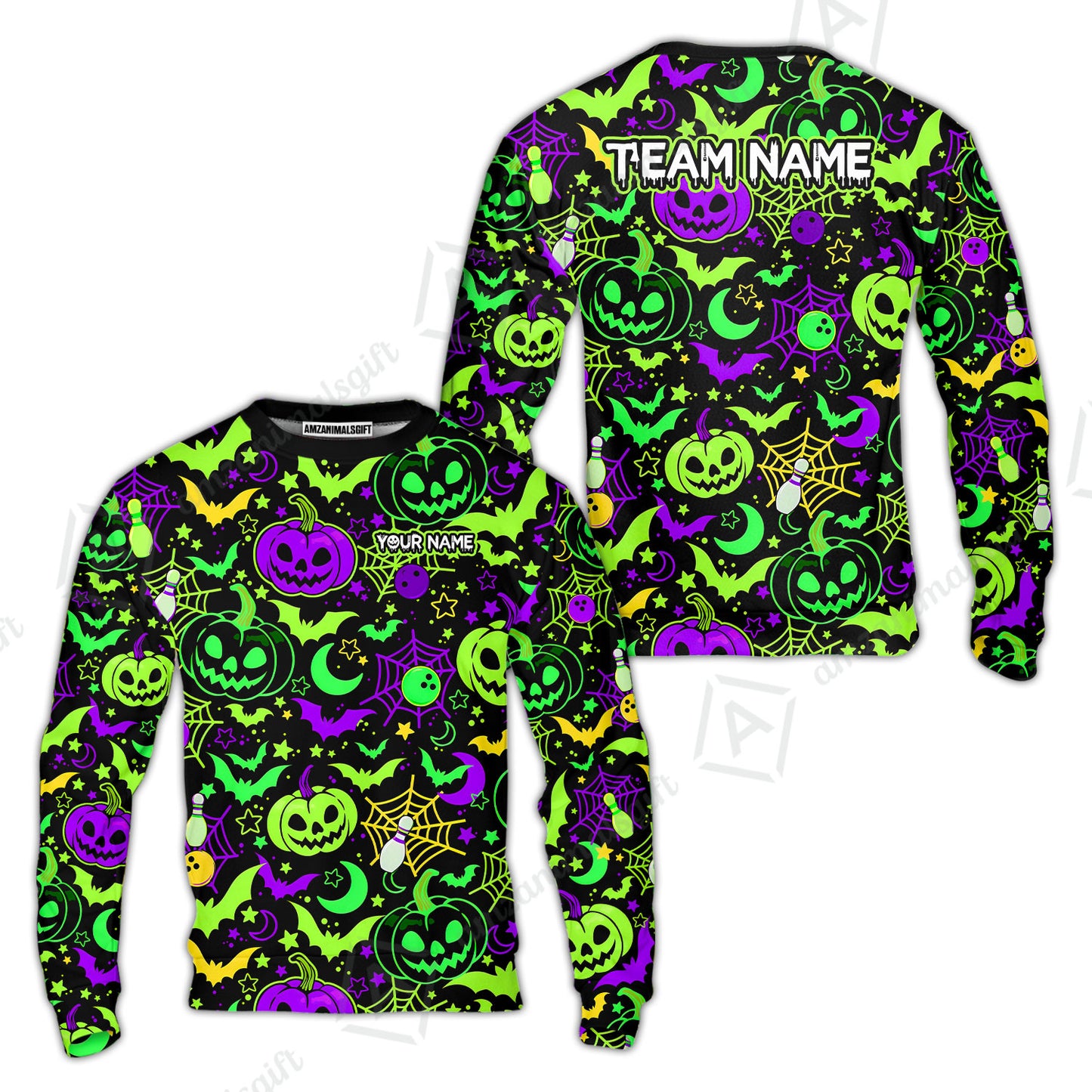 Customized Bowling Shirt, Neon Halloween Pattern Bowling And Pin Pumpkins Spider Bat, Personalized Polo Shirt For Players With Name & Team Name