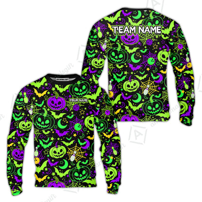 Customized Bowling Shirt, Neon Halloween Pattern Bowling And Pin Pumpkins Spider Bat, Personalized Polo Shirt For Players With Name & Team Name