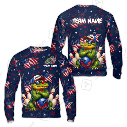 Custom Bowling Jersey Polo Shirt, Cool Patriotic Alligator Mascot, Custom Bowling Jersey Team Shirt For Players With Name and Team Name