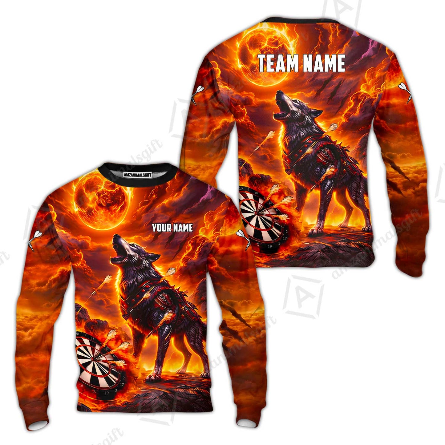 Custom Darts Team Jersey, Personalized Flaming Wolf Jersey Shirt For Players With Name & Team Name
