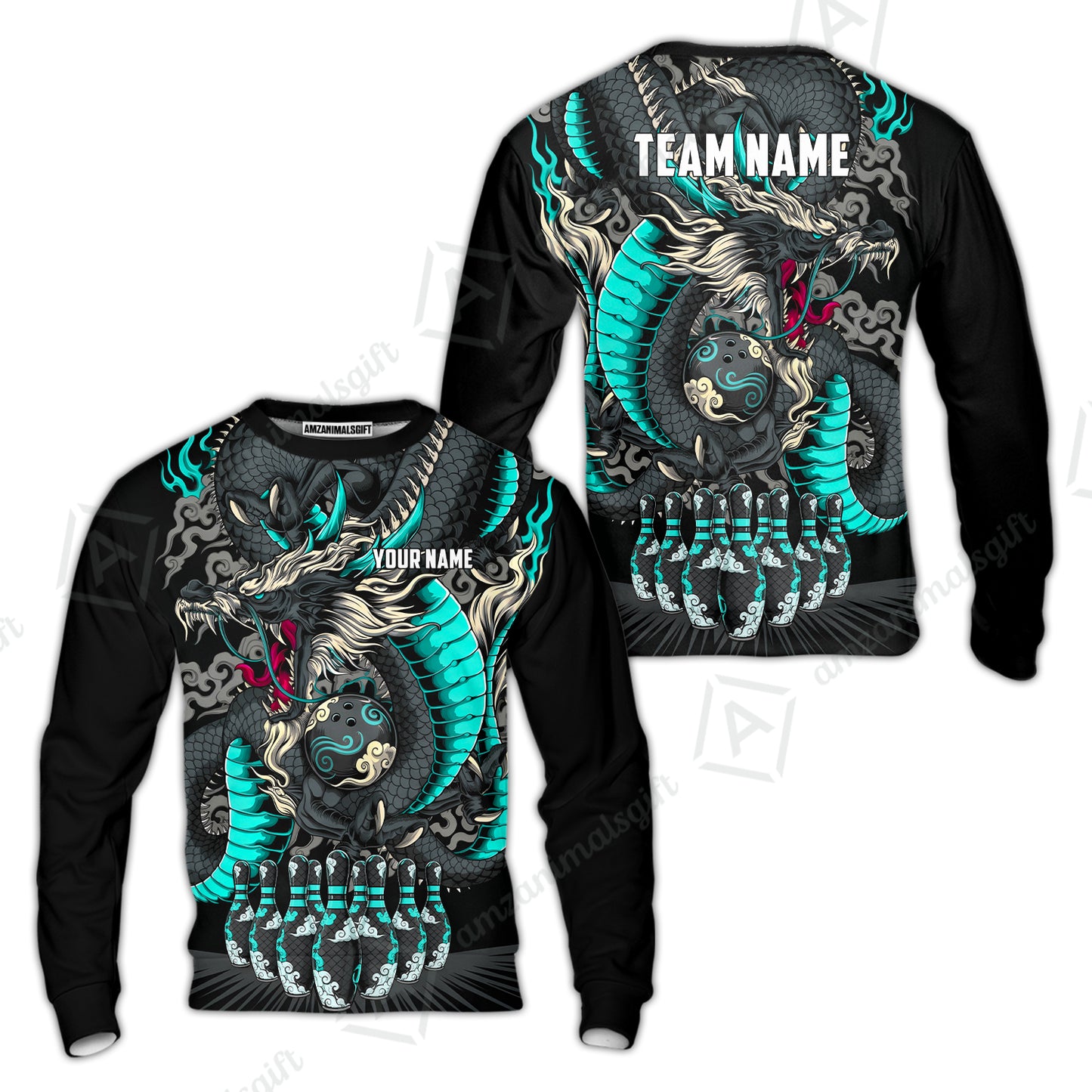 Custom Bowling Jersey Polo Shirt, Oriental Jade Dragon & Classic Clouds, Custom Bowling Jersey Team Shirt For Players With Name & Team Name