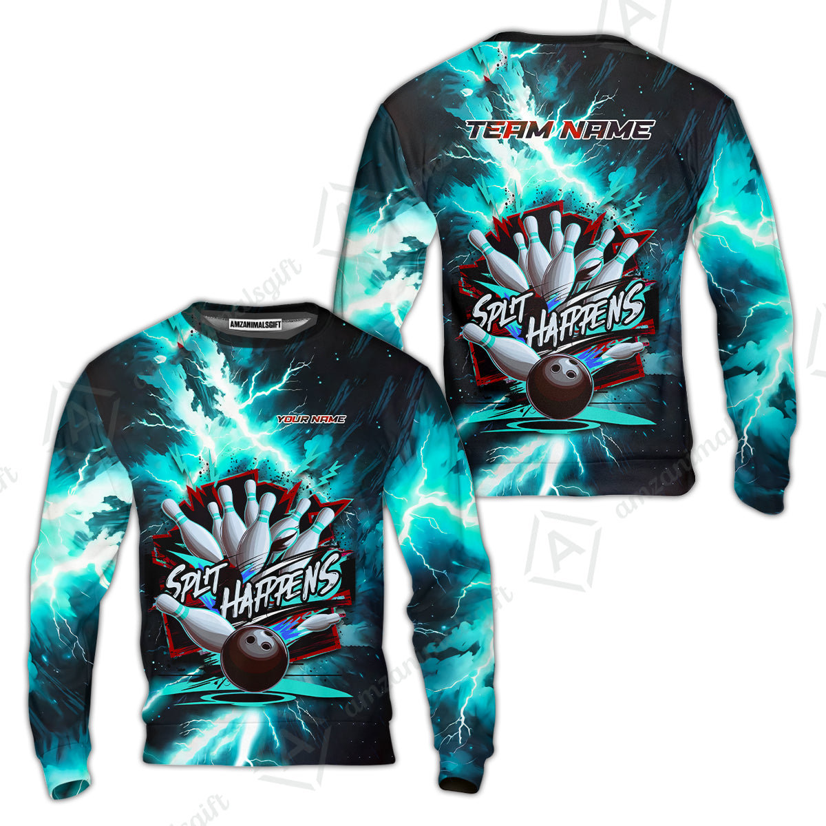 Custom Bowling Team Jersey, Split Happens - Electric Lightning, Bowling Uniforms, Personalize Name And Team Name