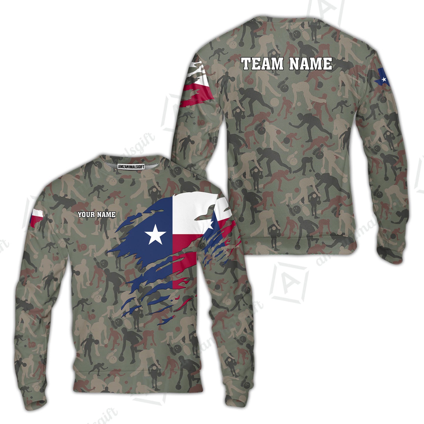 Custom Bowling Jersey Polo Shirt, Texas Flag Woodland Green Camouflage, Custom Bowling Jersey Team Shirt For Players With Name and Team Name