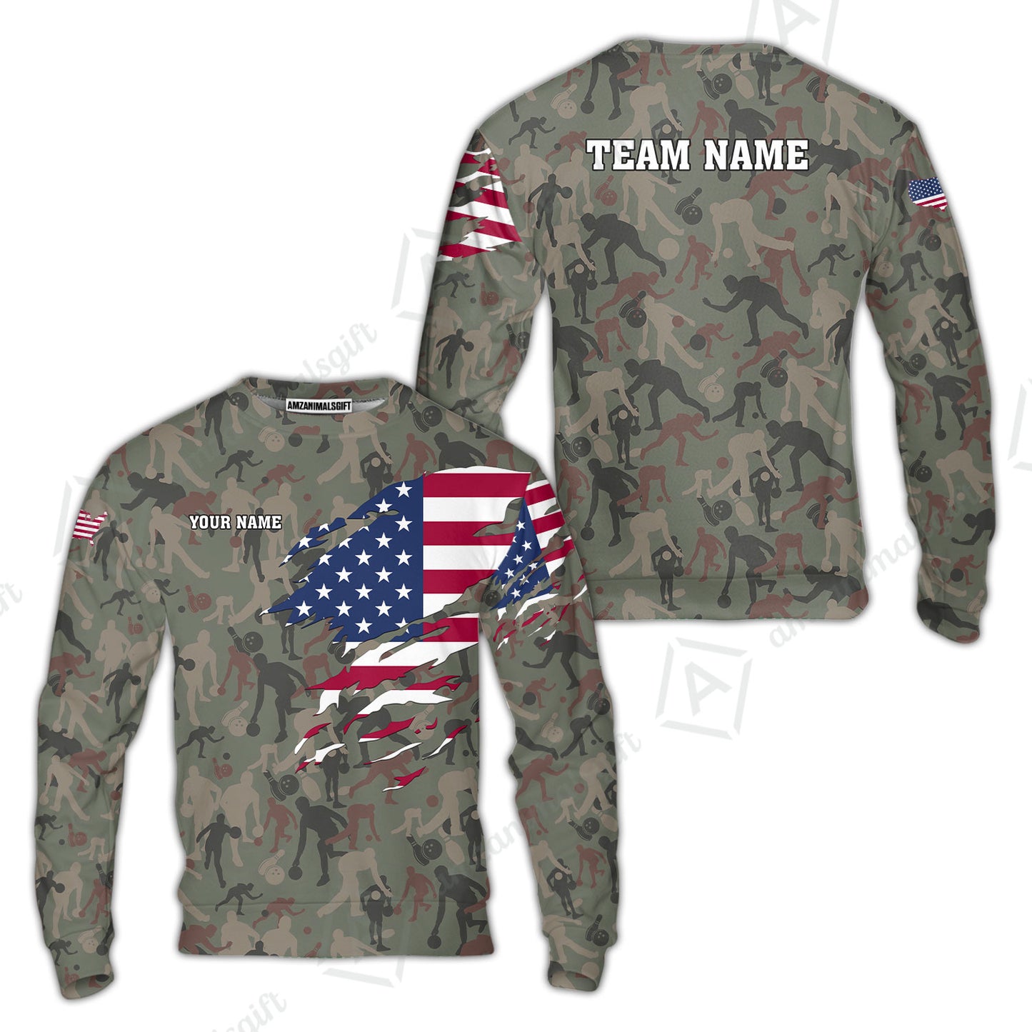 Custom Bowling Jersey Polo Shirt, American Flag Woodland Green Camouflage, Custom Bowling Jersey Team Shirt For Players With Name and Team Name