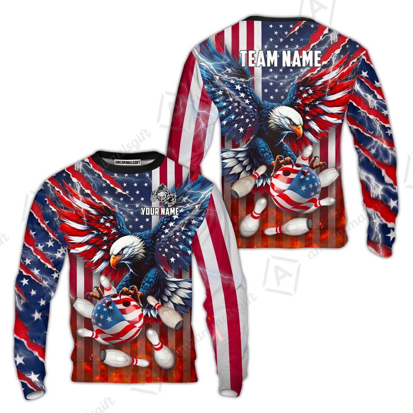 Customized Patriotic American Flag Eagle Bowling Jersey, Custom Name And Team Name For Bowlers