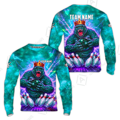 Custom Bowling Jersey Polo Shirt, King Gorilla Holding Bowling Ball, Custom Bowling Jersey Team Shirt For Players With Name & Team Name