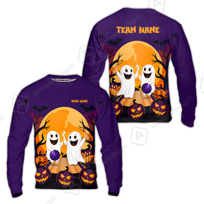 Custom Bowling Jersey Polo Shirt, Bowling Ghost Pumpkin Halloween, Personalized Name And Team Name