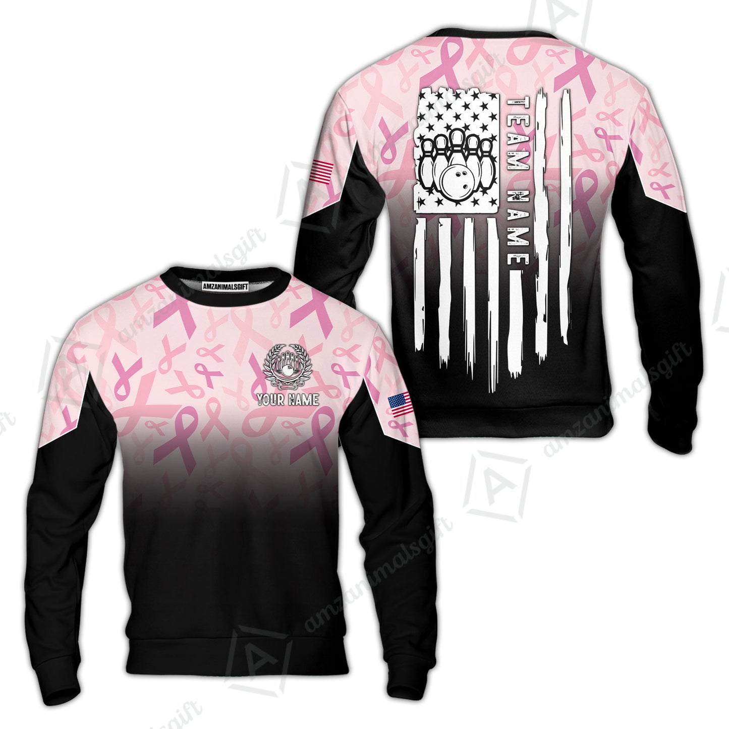 Custom Bowling Jersey Polo Shirt, Ribbon Breast Cancer Awareness Flag, Custom Bowling Jersey Team Shirt For Players With Name and Team Name