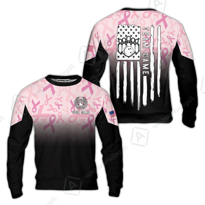 Custom Bowling Jersey Polo Shirt, Ribbon Breast Cancer Awareness Flag, Custom Bowling Jersey Team Shirt For Players With Name and Team Name