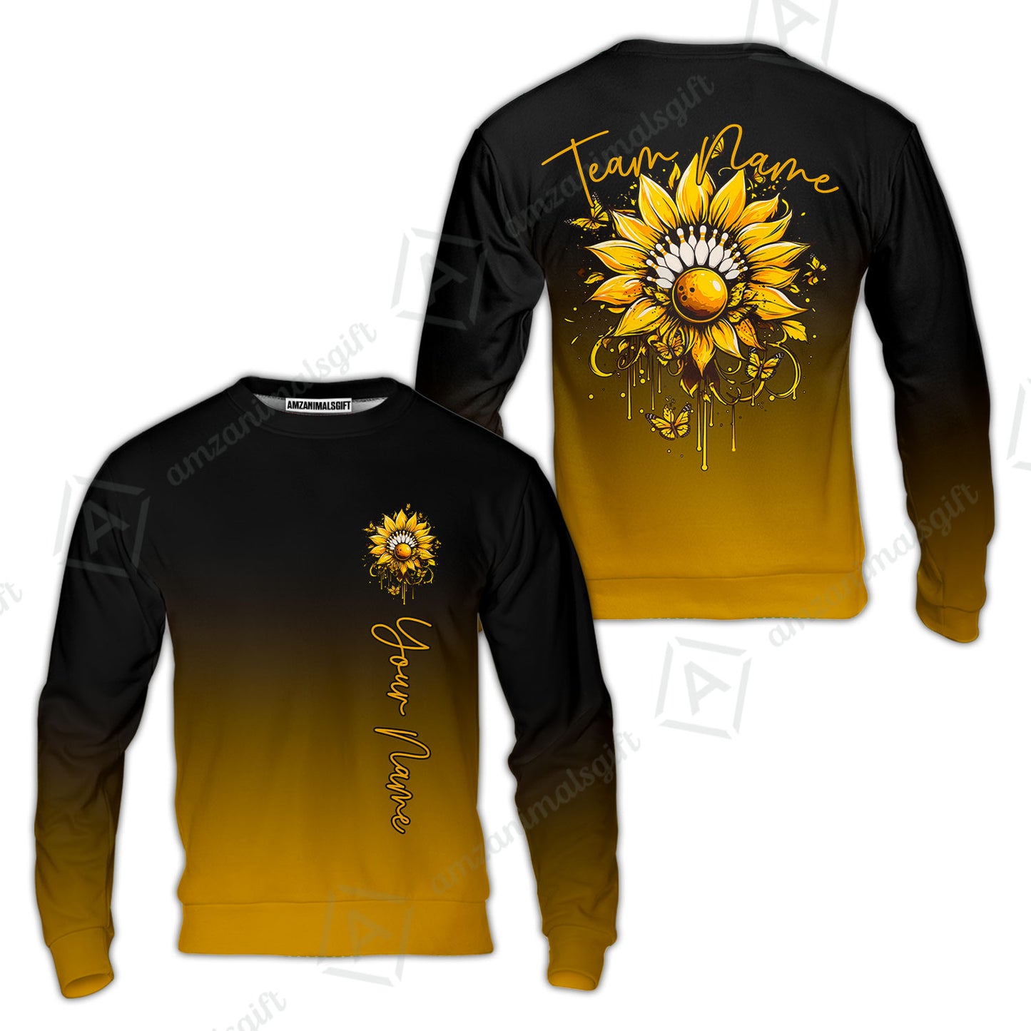Custom Bowling Jersey Polo Shirt, Sunflower Bowling Pin Gradient Background, Custom Bowling Jersey Team Shirt For Players With Name and Team Name