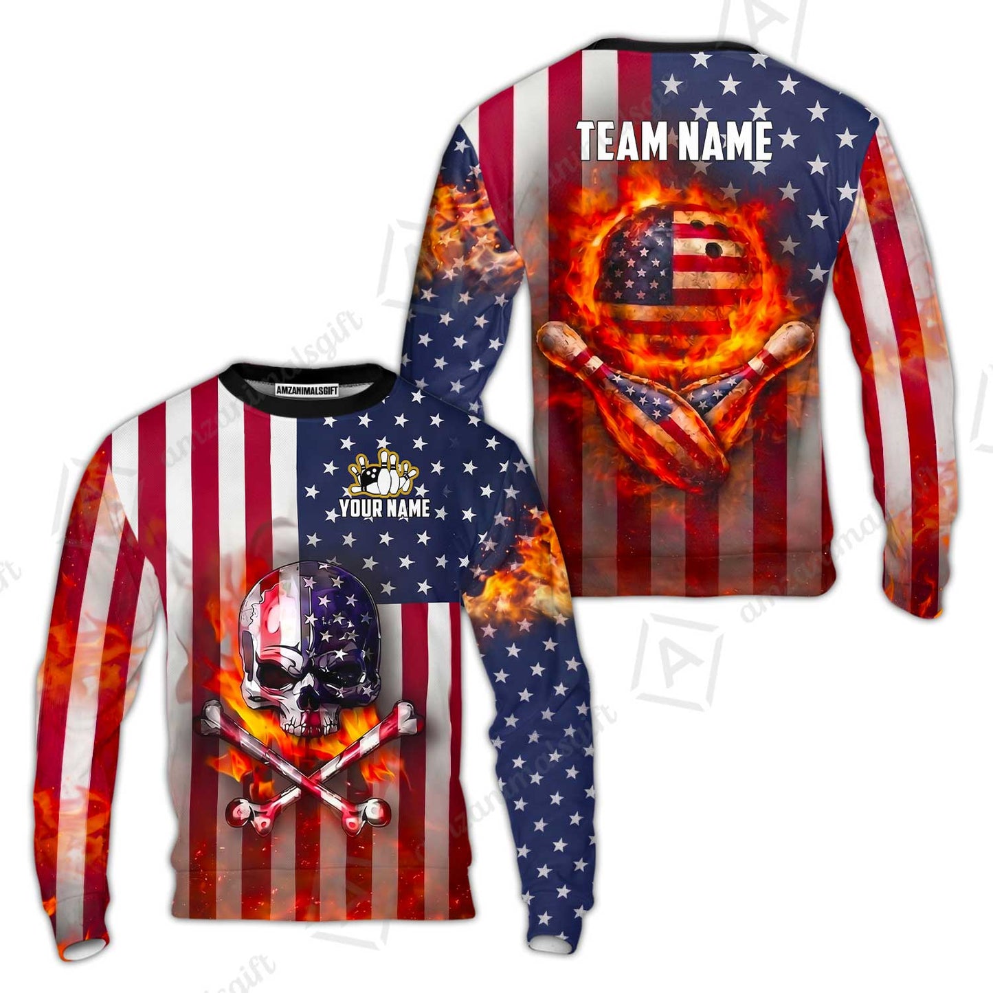Customized Patriotic Flaming Skull Bowling Jersey, Custom Name And Team Name For Bowlers