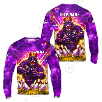 Custom Bowling Jersey Polo Shirt, King Gorilla Holding Bowling Ball, Custom Bowling Jersey Team Shirt For Players With Name & Team Name