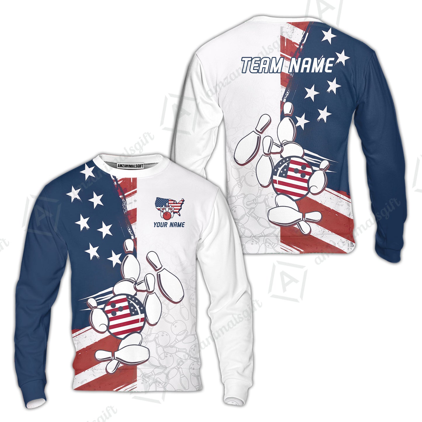 Custom Bowling Jersey Polo Shirt, USA Flag Bowling Ball Custom Bowling Jersey Team Shirt For Players With Name & Team Name