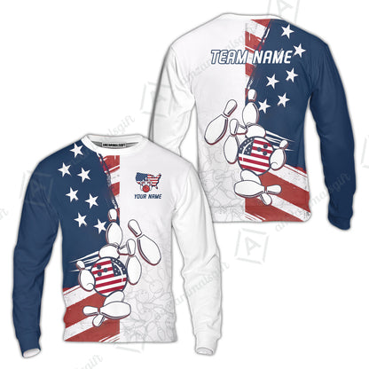 Custom Bowling Jersey Polo Shirt, USA Flag Bowling Ball Custom Bowling Jersey Team Shirt For Players With Name & Team Name