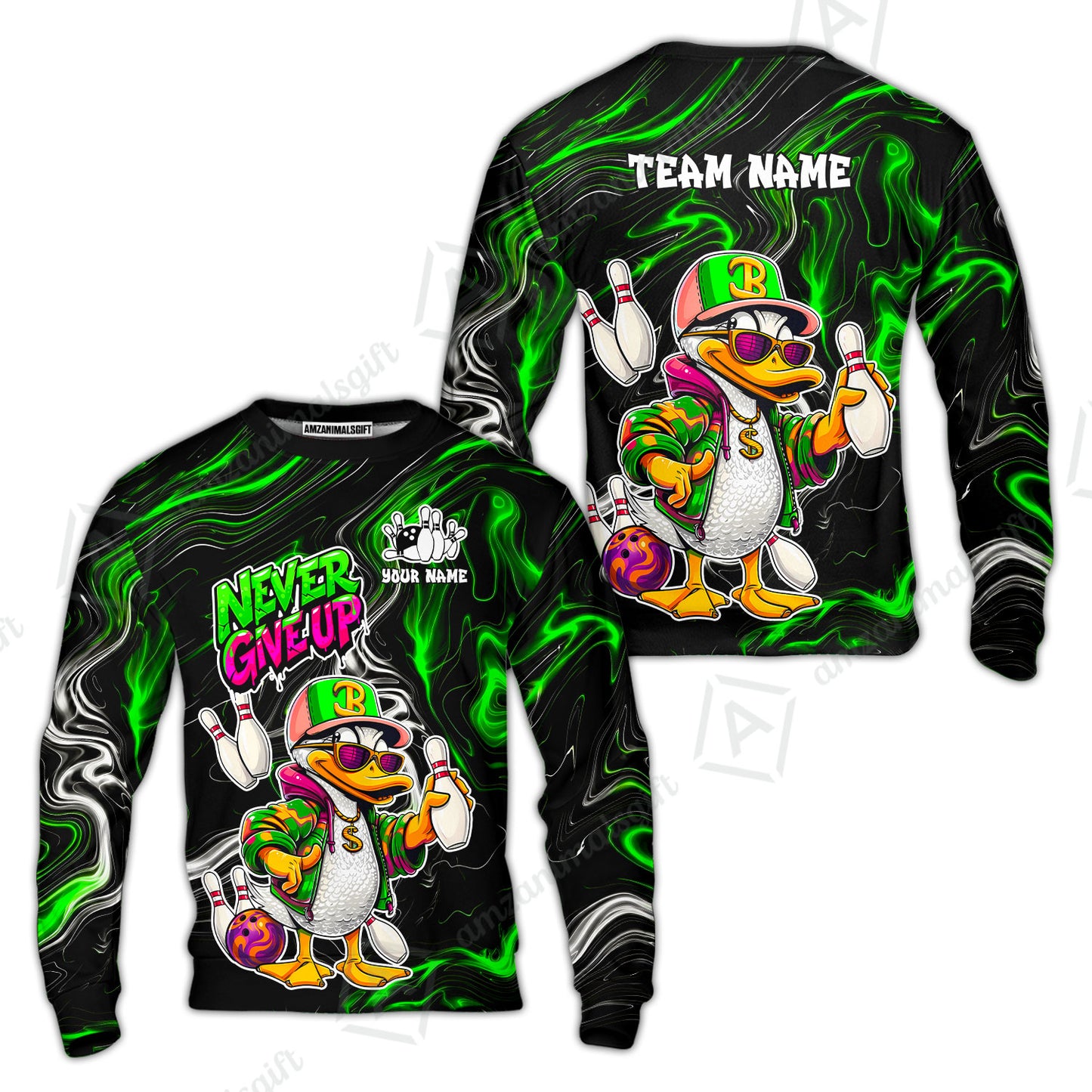 Custom Bowling Jersey Polo Shirt, Duck Never Give Up, Custom Bowling Jersey Team Shirt For Players With Name & Team Name