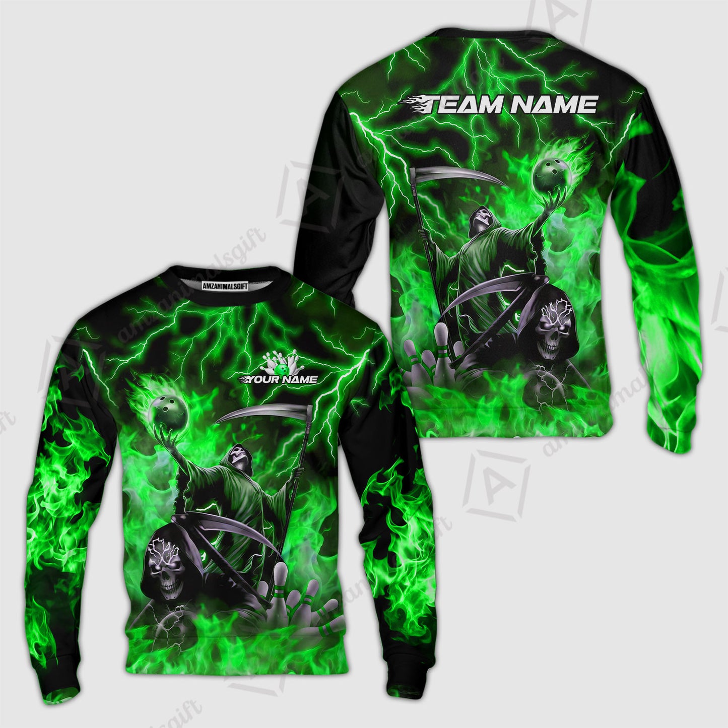 Custom Bowling Team Quarter-Zip Polo Shirt, Grim Reaper Skull With Flame Bowling Lightning Design for Bowlers, Personalized Shirt with Name and Team Name