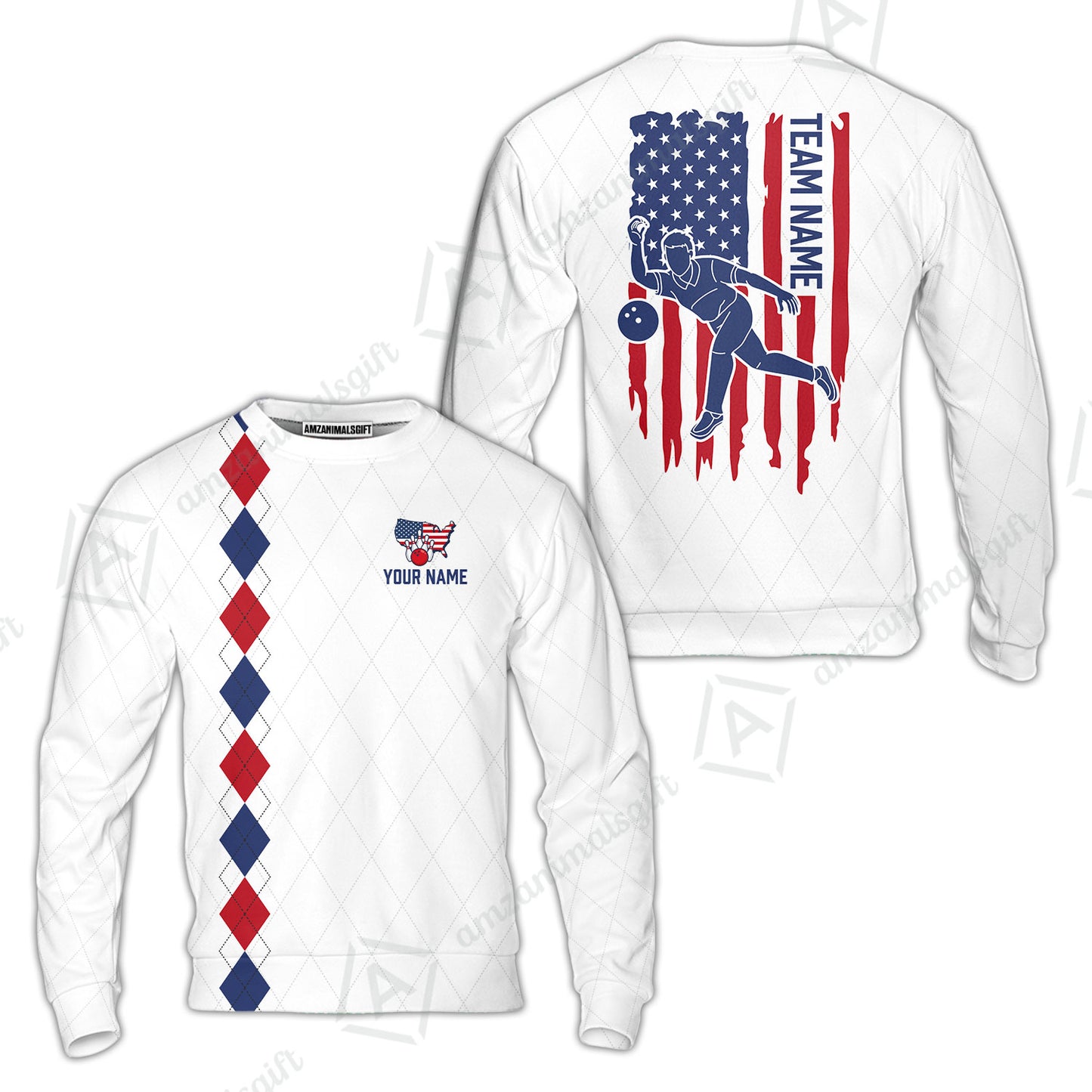Custom Bowling Jersey Polo Shirt, Patriotic Argyle USA Flag Bowler, Custom Bowling Jersey Team Shirt For Players With Name & Team Name