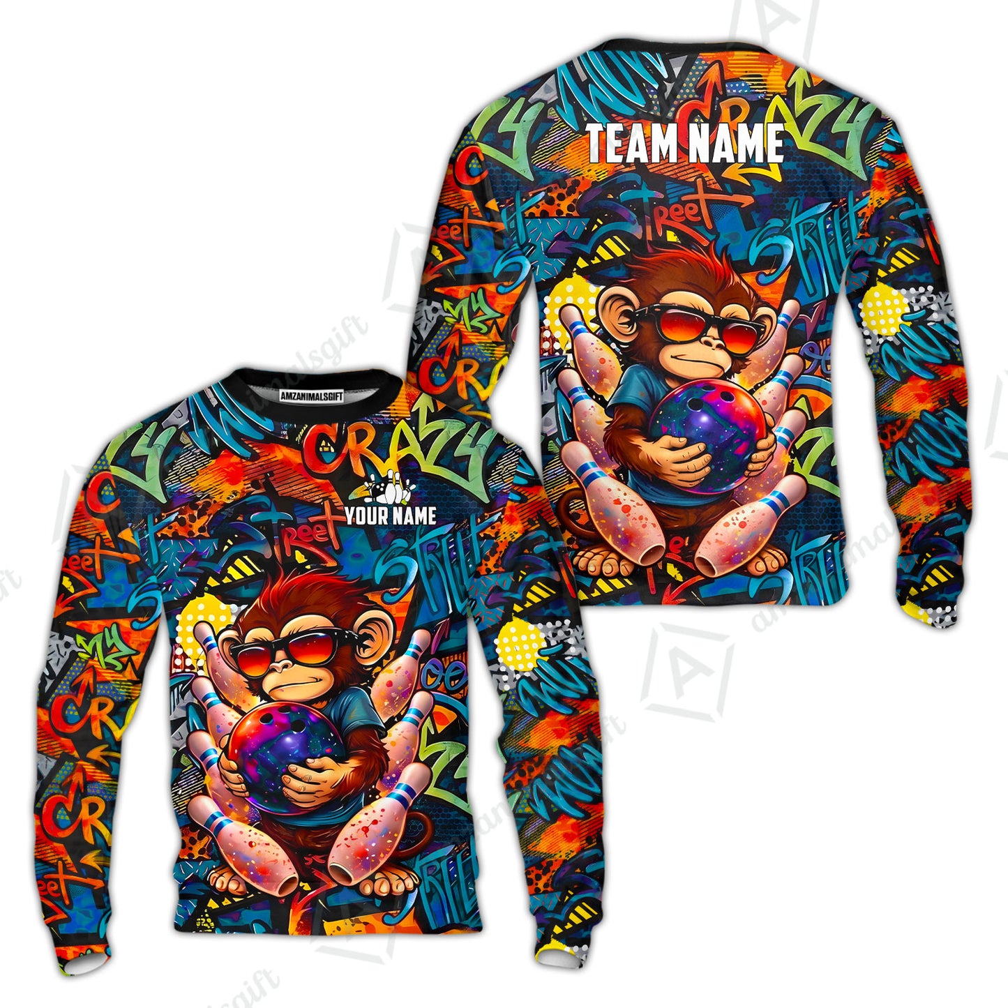 Custom Bowling Jersey Polo Shirt, Street Graffiti Funny Monkey Mascot, Custom Bowling Jersey Team Shirt For Players With Name & Team Name