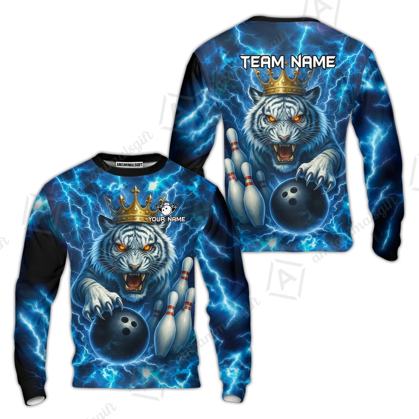 Custom Bowling Team Quarter-Zip Polo Shirt, Bowling White Tiger Lighting Shirt, Personalized Team Shirt with Custom Name